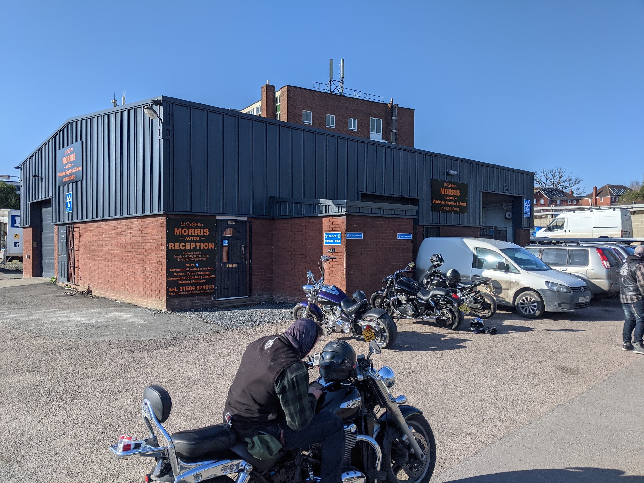 The Morris Autos workshop on Lower Galdeford, with its Vehicles Repairs & Sales and Reception signs